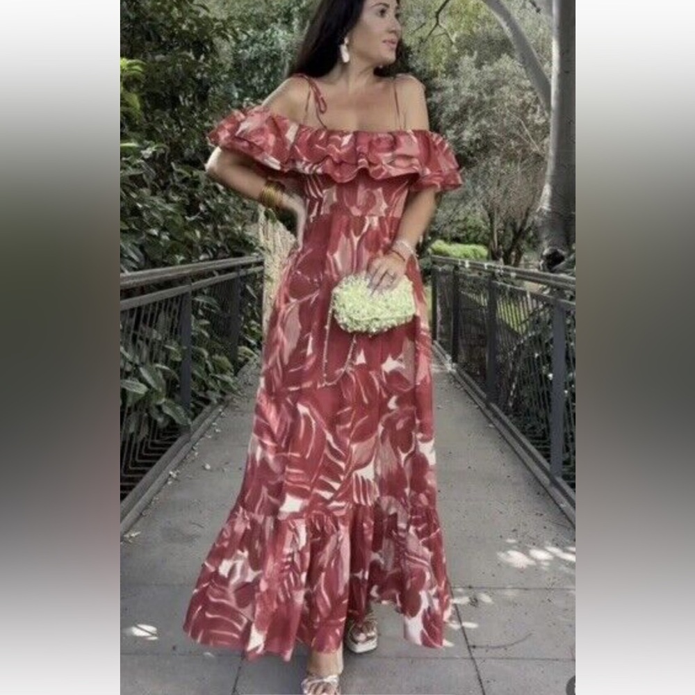 ZARA Floral Off-Shoulder Red Dress